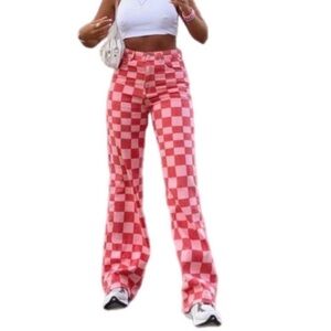 ZARA Pink Checkered Jeans Size 2 Wide Leg Y2K Aesthetic RARE